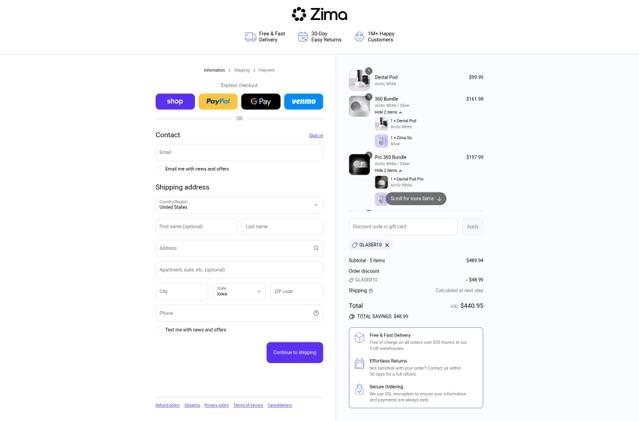 ZIMA DENTAL checkout page showing ZIMA DENTAL discount code box | Screenshot taken by SimplyCodes community member on Sep 12, 2025