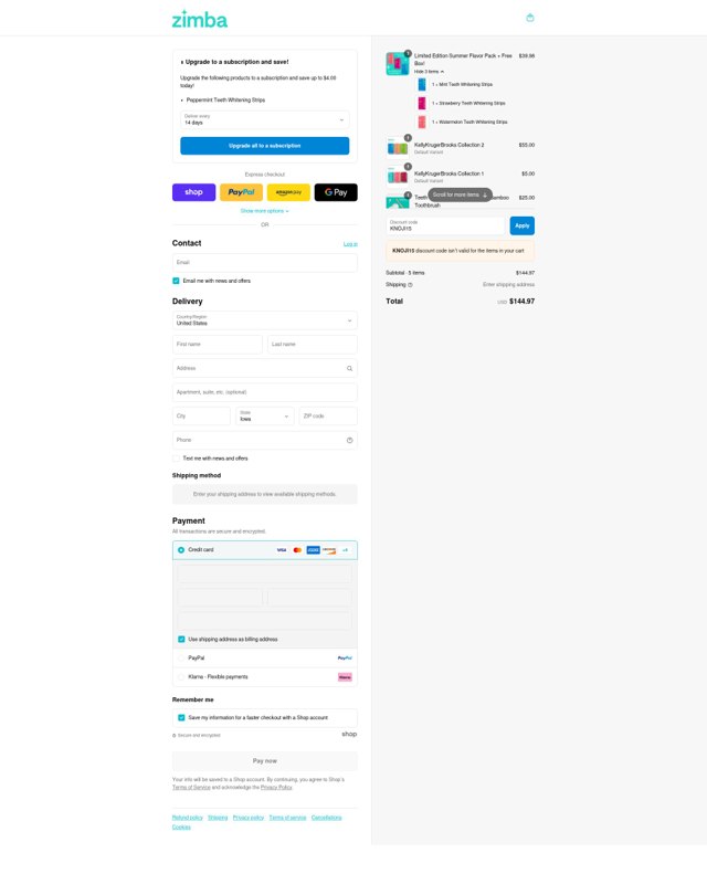 Zimba checkout page showing Zimba coupon code box | Screenshot taken by SimplyCodes community member on Sep 8, 2025