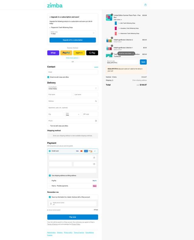 Zimba checkout page showing Zimba coupon code box | Screenshot taken by SimplyCodes community member on Sep 4, 2025