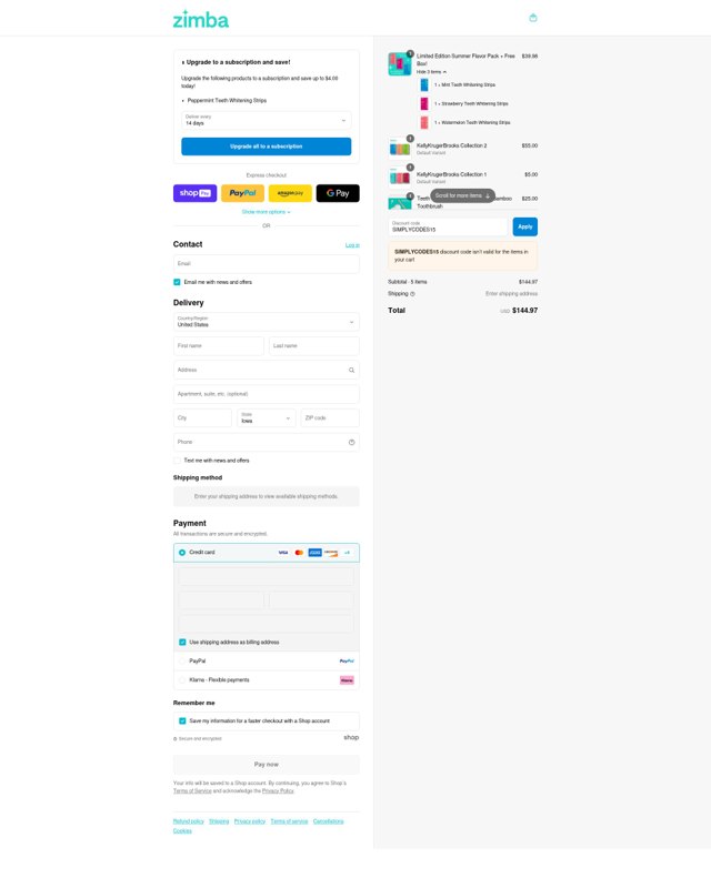 Zimba checkout page showing Zimba coupon code box | Screenshot taken by SimplyCodes community member on Aug 27, 2025
