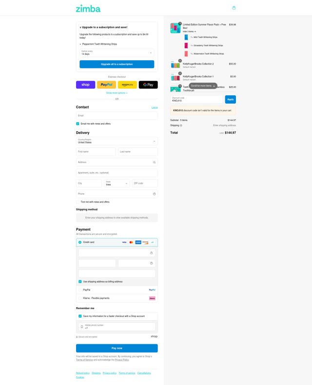 Zimba checkout page showing Zimba coupon code box | Screenshot taken by SimplyCodes community member on Sep 4, 2025