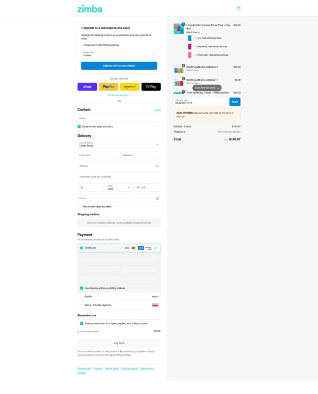 Zimba checkout page showing Zimba coupon code box | Screenshot taken by SimplyCodes community member on Aug 31, 2025
