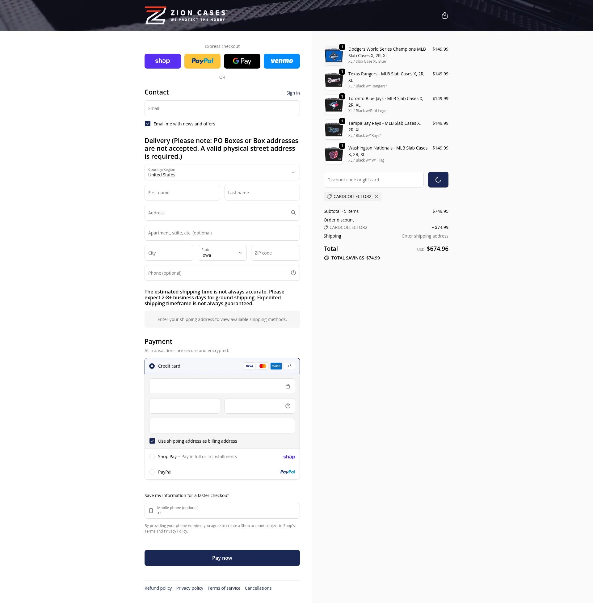 Zion Cases checkout page showing Zion Cases discount code box | Screenshot taken by SimplyCodes community member on Feb 5, 2026