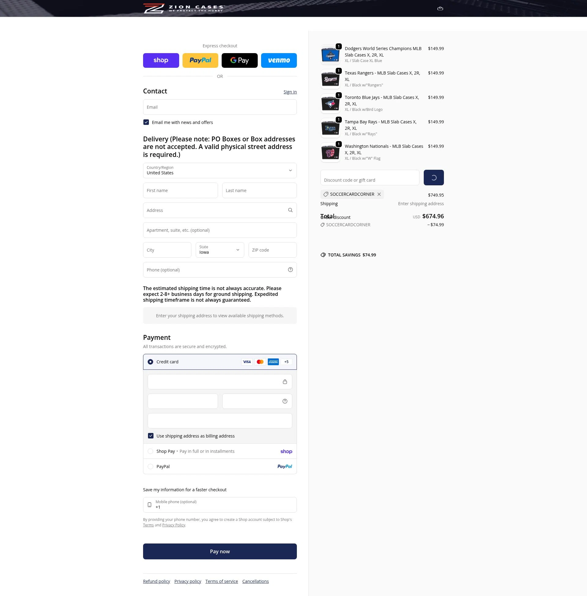 Zion Cases checkout page showing Zion Cases discount code box | Screenshot taken by SimplyCodes community member on Feb 5, 2026