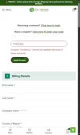 Zion Herbals coupon verification screenshot