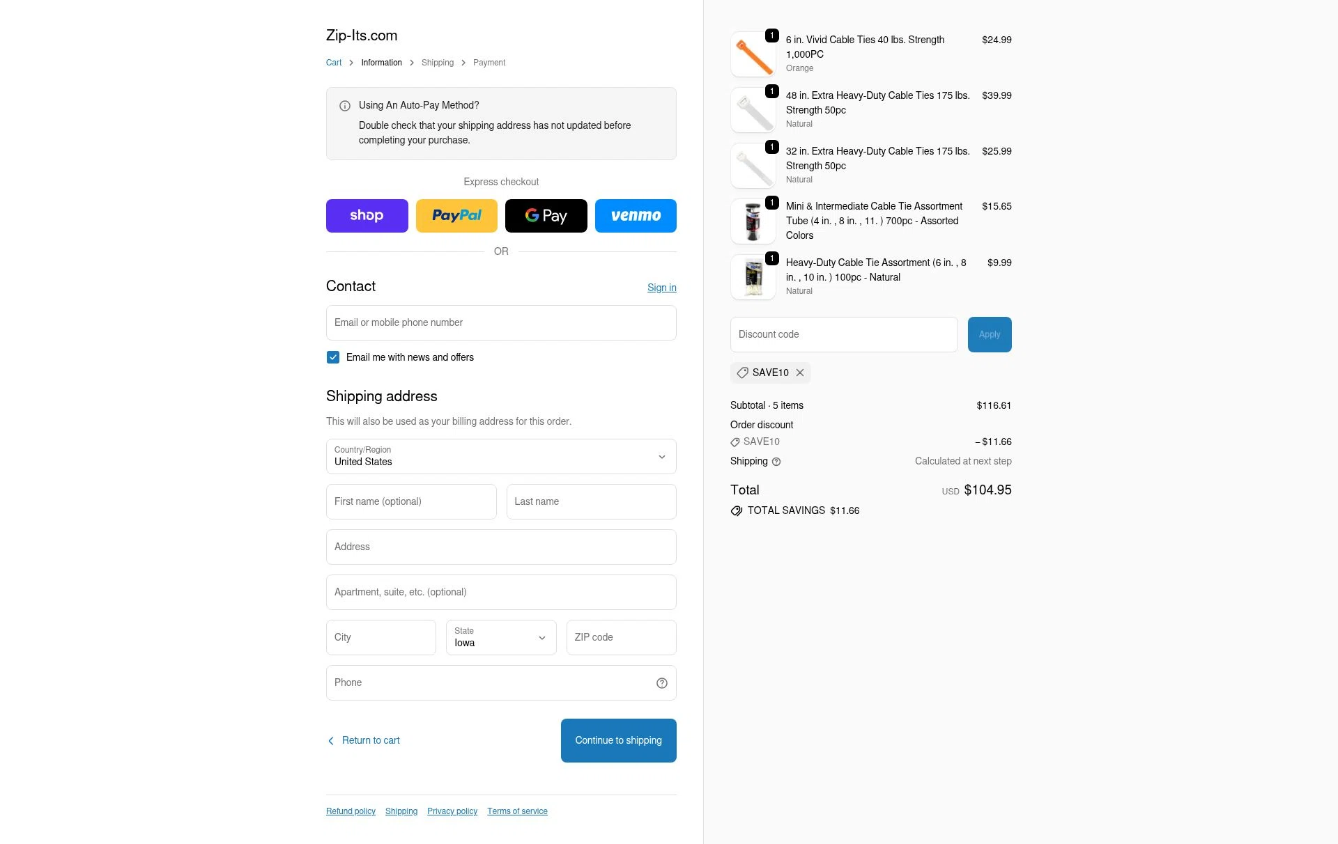 Zip-Its checkout page showing Zip-Its promo code box | Screenshot taken by SimplyCodes community member on Jan 17, 2026