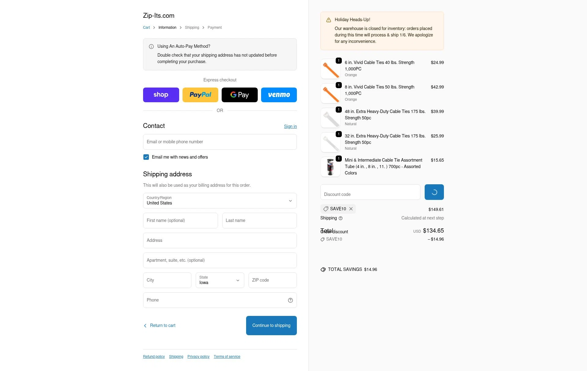 Zip-Its checkout page showing Zip-Its promo code box | Screenshot taken by SimplyCodes community member on Jan 2, 2026