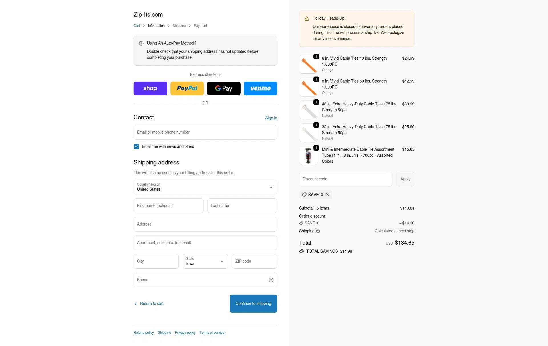 Zip-Its checkout page showing Zip-Its promo code box | Screenshot taken by SimplyCodes community member on Dec 28, 2025