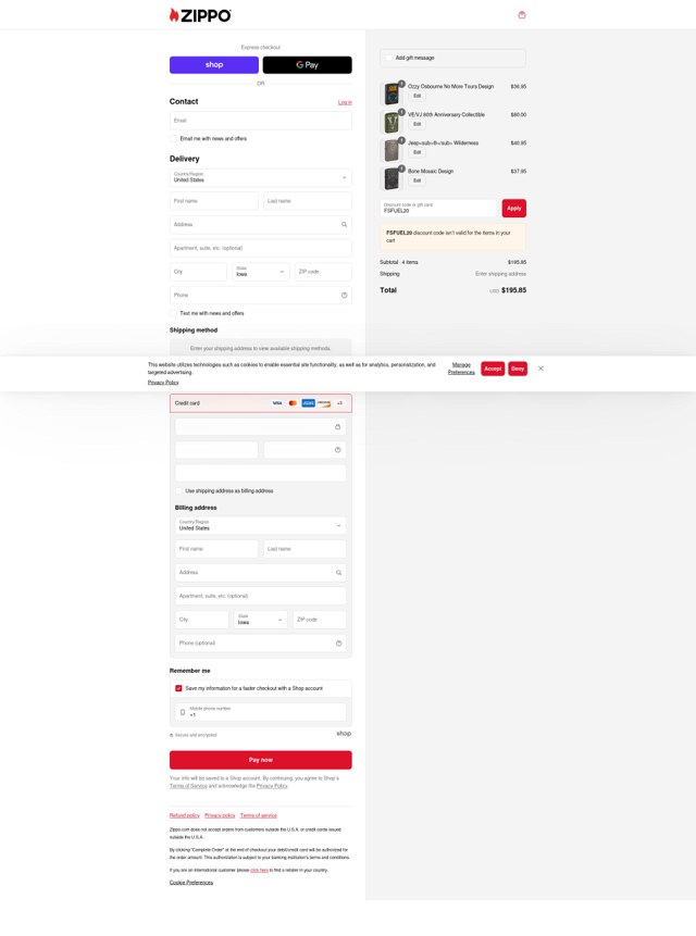 Zippo checkout page showing Zippo discount code box | Screenshot taken by SimplyCodes community member on Sep 3, 2025
