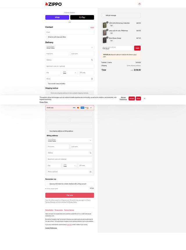 Zippo checkout page showing Zippo discount code box | Screenshot taken by SimplyCodes community member on Sep 6, 2025