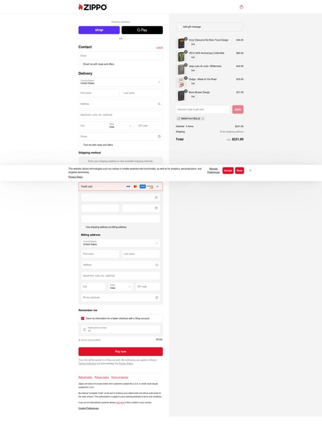 Zippo checkout page showing Zippo discount code box | Screenshot taken by SimplyCodes community member on Sep 2, 2025