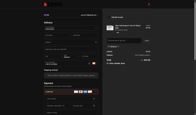 Zippo checkout page showing Zippo discount code box | Screenshot taken by SimplyCodes community member on Sep 6, 2025