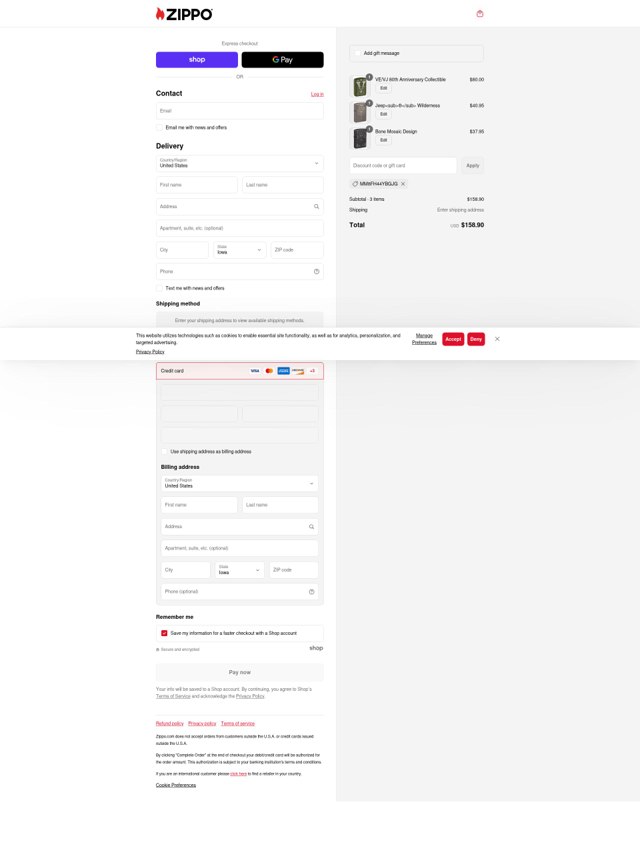 Zippo checkout page showing Zippo discount code box | Screenshot taken by SimplyCodes community member on Sep 6, 2025