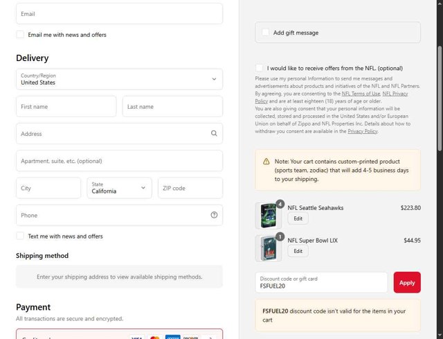 Zippo checkout page showing Zippo discount code box | Screenshot taken by SimplyCodes community member on Sep 3, 2025