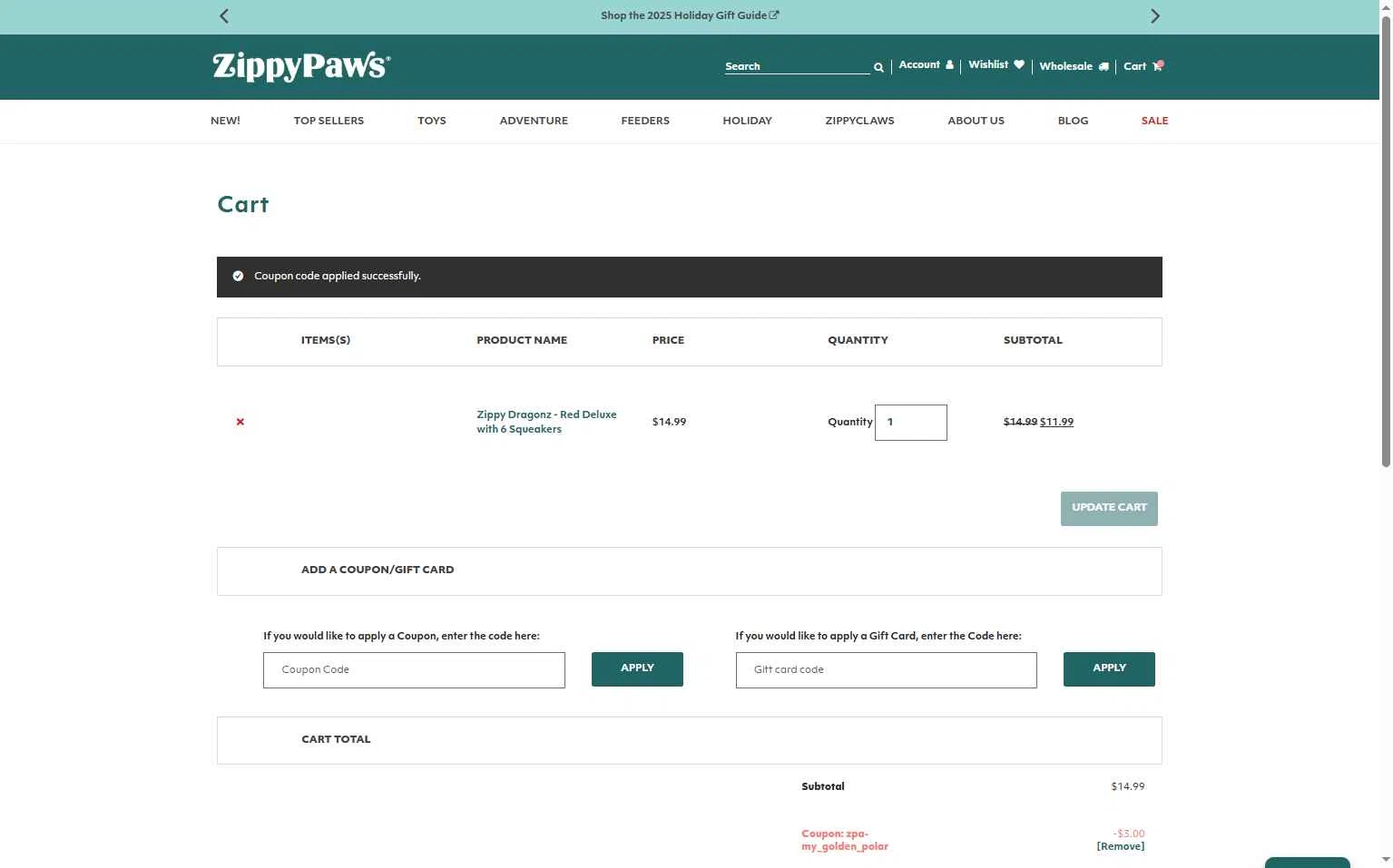 Zippy Paws checkout page showing Zippy Paws promo code box | Screenshot taken by SimplyCodes community member on Dec 22, 2025