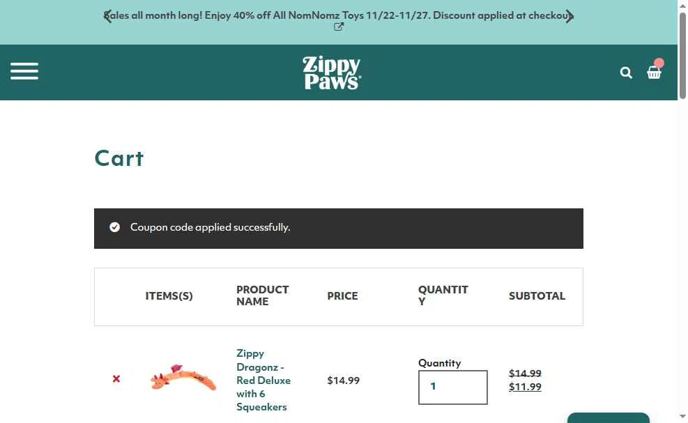 Zippy Paws checkout page showing Zippy Paws promo code box | Screenshot taken by SimplyCodes community member on Nov 23, 2025
