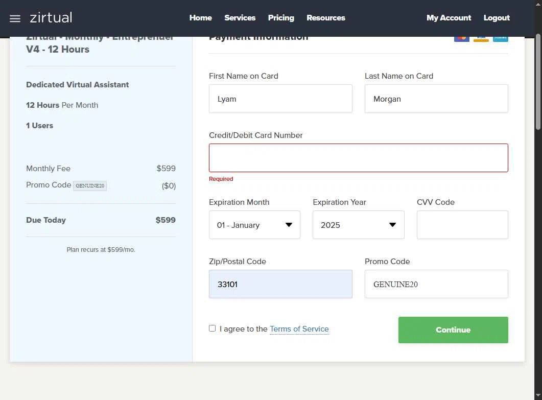 Zirtual checkout page showing Zirtual promo code box | Screenshot taken by SimplyCodes community member on Nov 2, 2025
