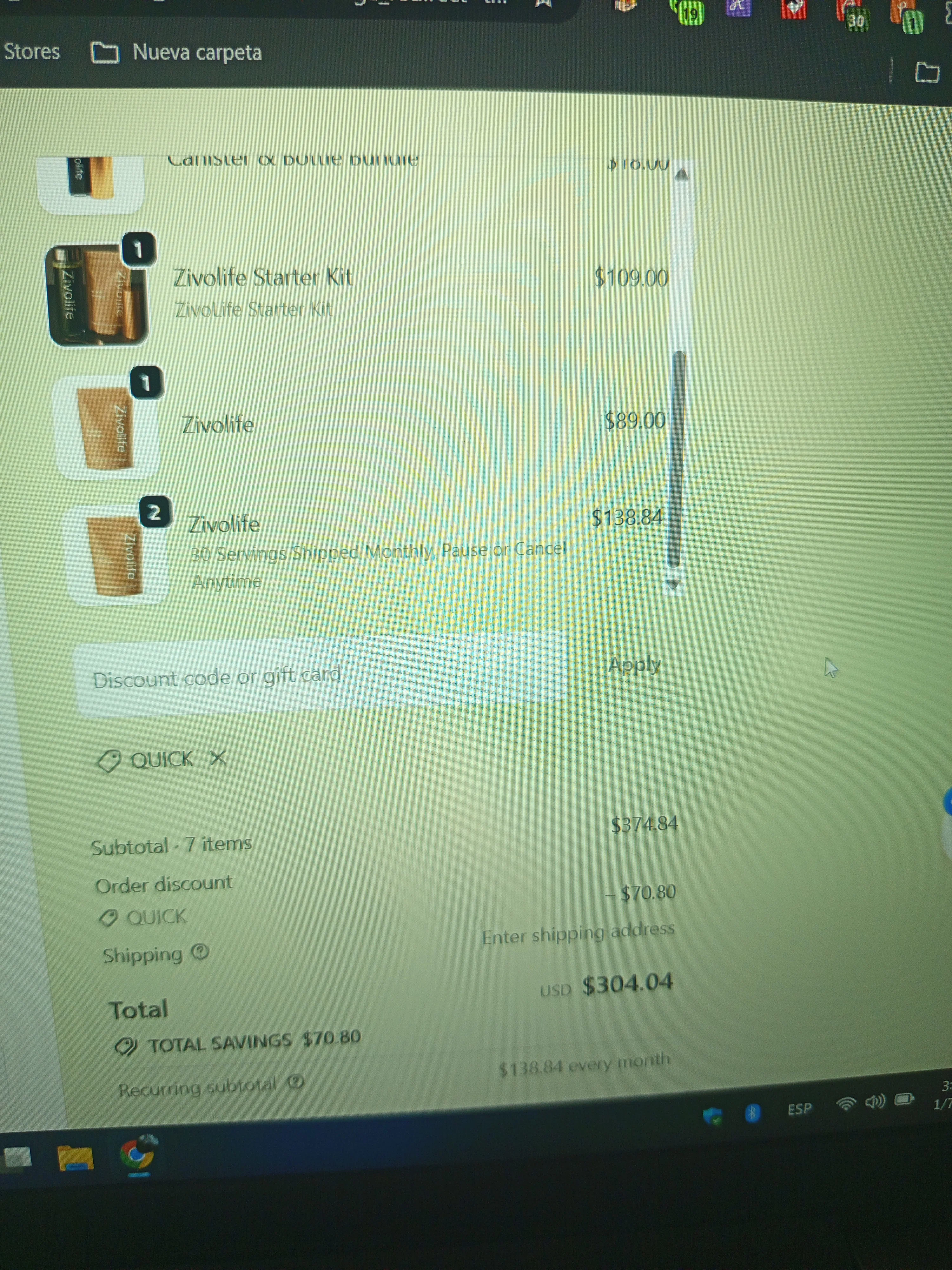 Zivolife promo code screenshot showing code QUICK applied at Zivolife checkout page. Uploaded by SimplyCodes community member NeSeeker62191 on Jan 7, 2026