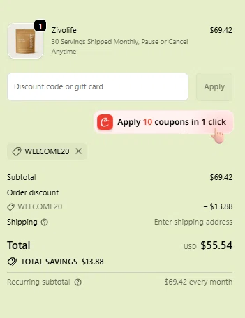 Zivolife promo code screenshot showing code WELCOME20 applied at Zivolife checkout page. Uploaded by SimplyCodes community member EpicShopper9574 on Nov 18, 2025