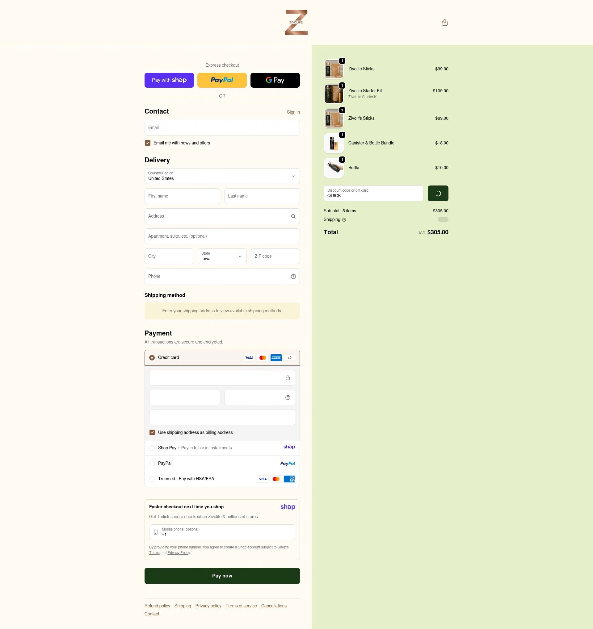 Zivolife checkout page showing Zivolife promo code box | Screenshot taken by SimplyCodes community member on Jan 10, 2026