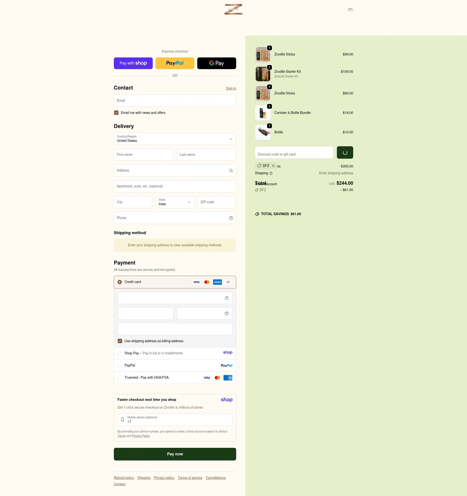 Zivolife checkout page showing Zivolife promo code box | Screenshot taken by SimplyCodes community member on Jan 10, 2026
