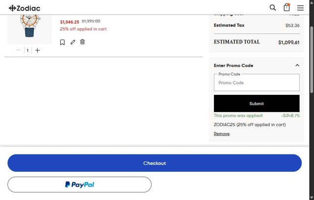 Zodiac Watches checkout page showing Zodiac Watches discount code box | Screenshot taken by SimplyCodes community member on Aug 23, 2025