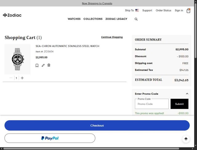 Zodiac Watches checkout page showing Zodiac Watches discount code box | Screenshot taken by SimplyCodes community member on Aug 15, 2025