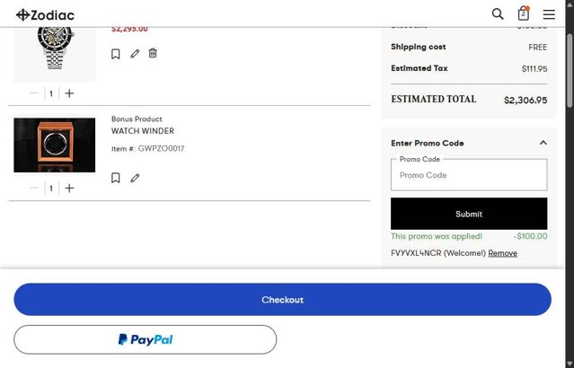 Zodiac Watches checkout page showing Zodiac Watches discount code box | Screenshot taken by SimplyCodes community member on Jun 4, 2025