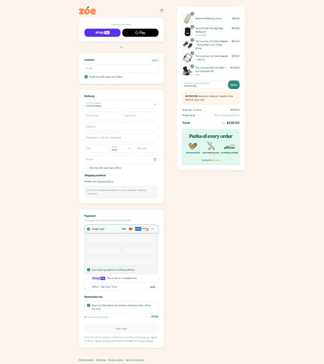 Zoe Baby checkout page showing Zoe Baby discount code box | Screenshot taken by SimplyCodes community member on Aug 3, 2025