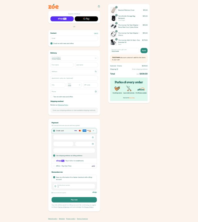 Zoe Baby checkout page showing Zoe Baby discount code box | Screenshot taken by SimplyCodes community member on Aug 12, 2025