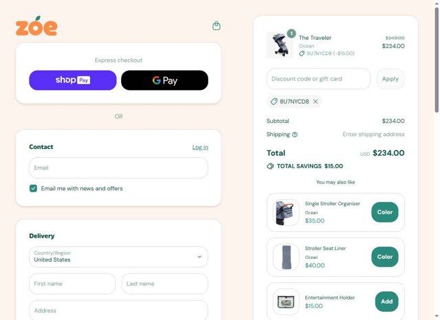 Zoe Baby checkout page showing Zoe Baby discount code box | Screenshot taken by SimplyCodes community member on Aug 1, 2025