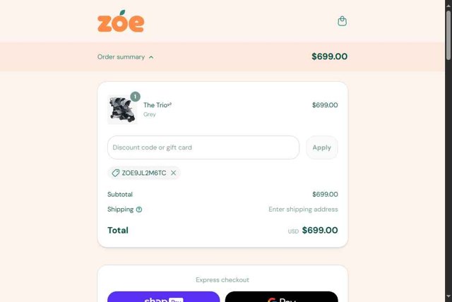 Zoe Baby checkout page showing Zoe Baby discount code box | Screenshot taken by SimplyCodes community member on Aug 1, 2025