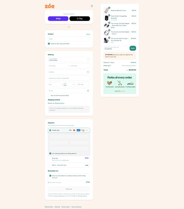 Zoe Baby checkout page showing Zoe Baby discount code box | Screenshot taken by SimplyCodes community member on Aug 30, 2025