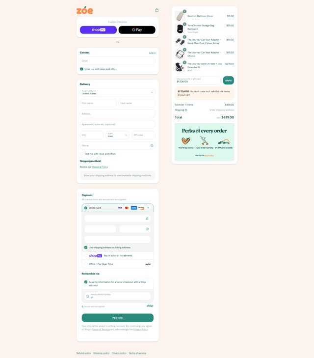 Zoe Baby checkout page showing Zoe Baby discount code box | Screenshot taken by SimplyCodes community member on Jul 13, 2025