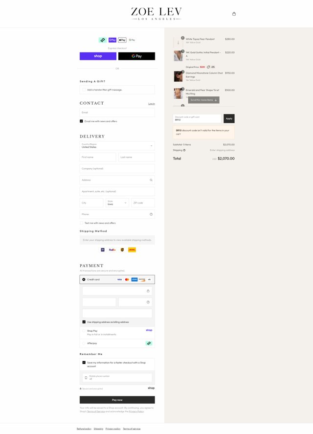 ZoeLev checkout page showing ZoeLev promo code box | Screenshot taken by SimplyCodes community member on Sep 3, 2025