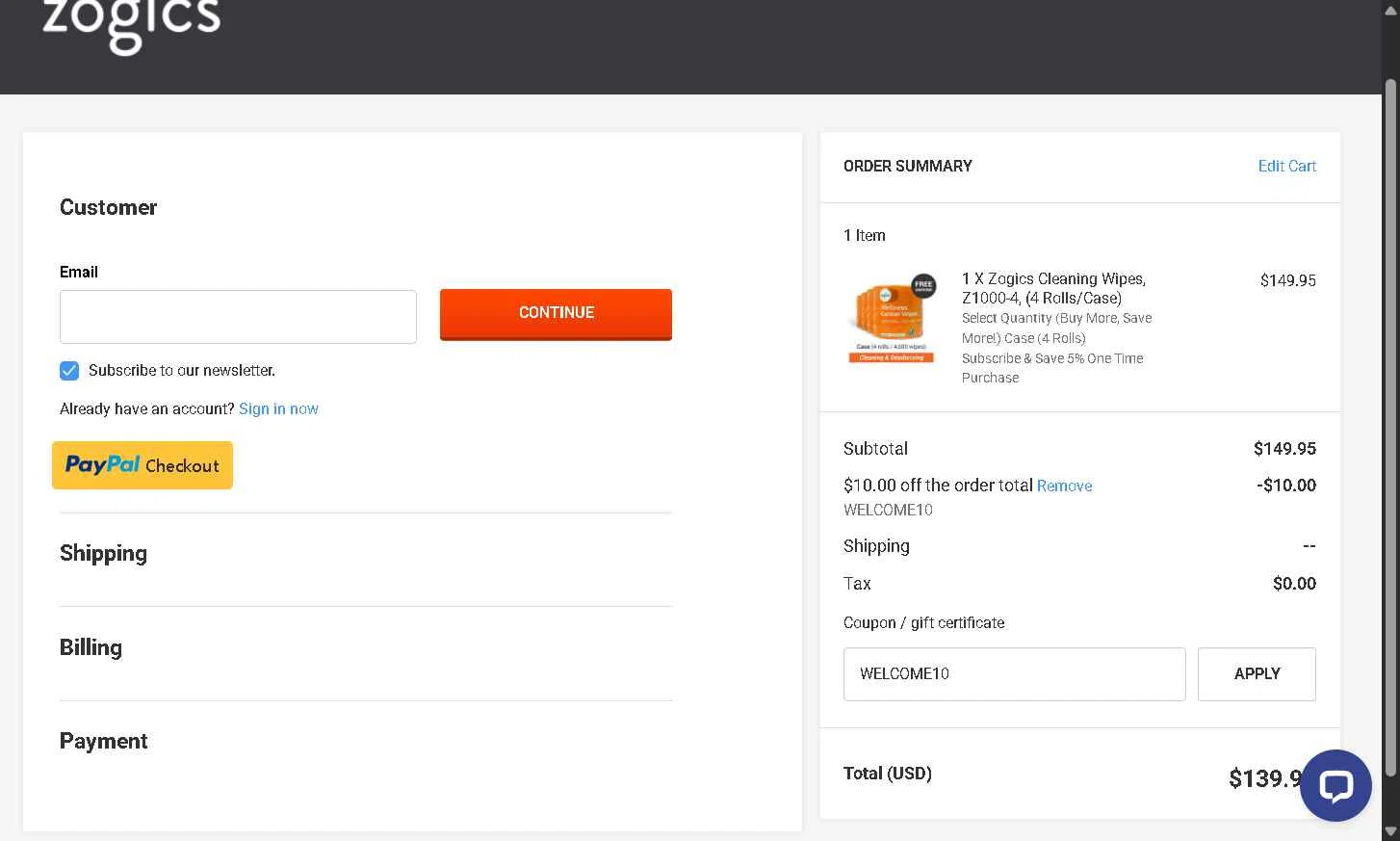 Zogics checkout page showing Zogics promo code box | Screenshot taken by SimplyCodes community member on Dec 10, 2025