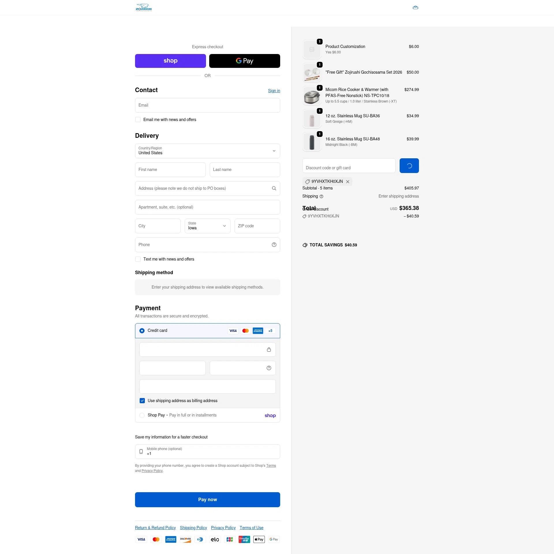 Zojirushi checkout page showing Zojirushi discount code box | Screenshot taken by SimplyCodes community member on Feb 3, 2026