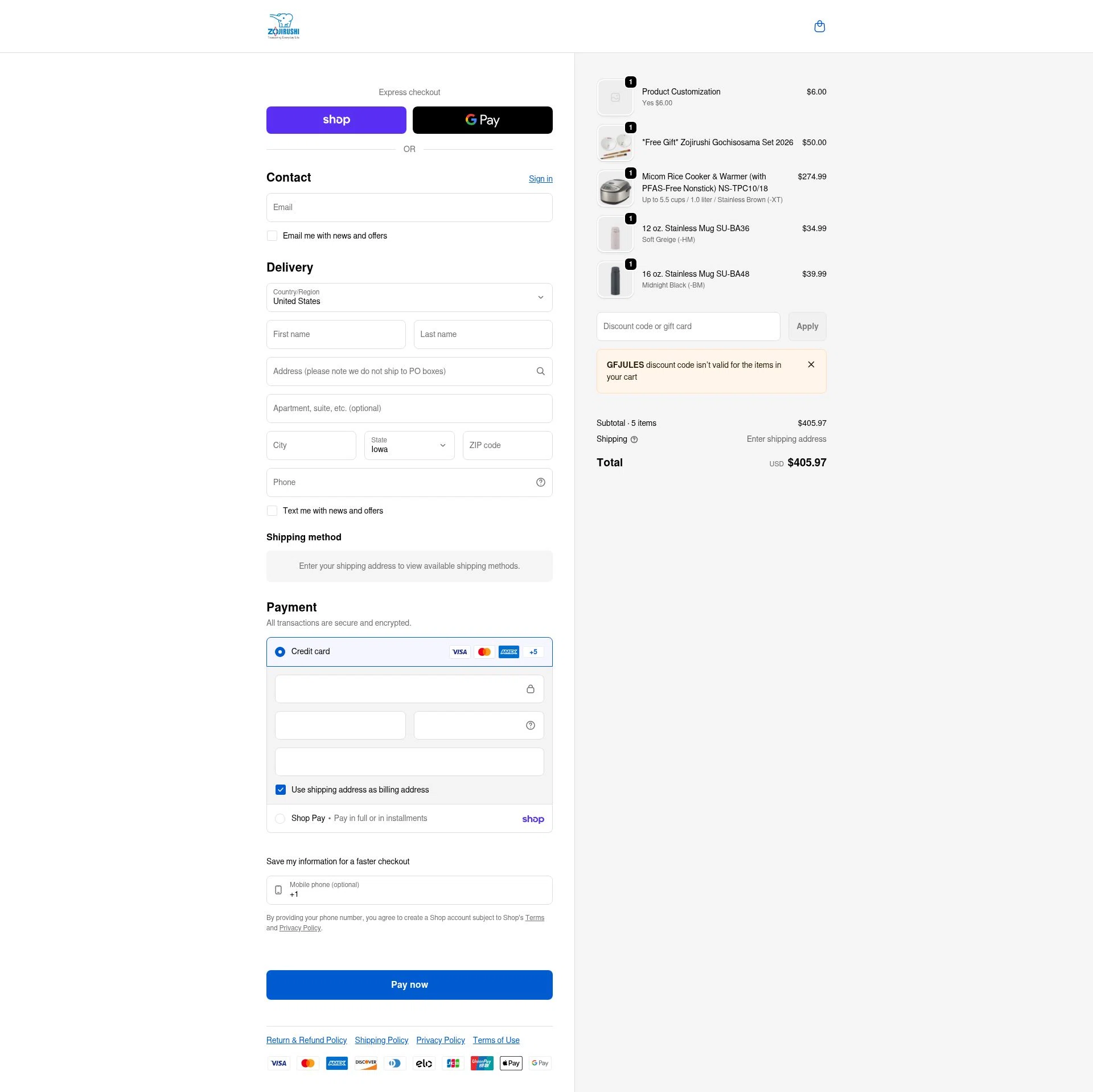 Zojirushi checkout page showing Zojirushi discount code box | Screenshot taken by SimplyCodes community member on Feb 3, 2026