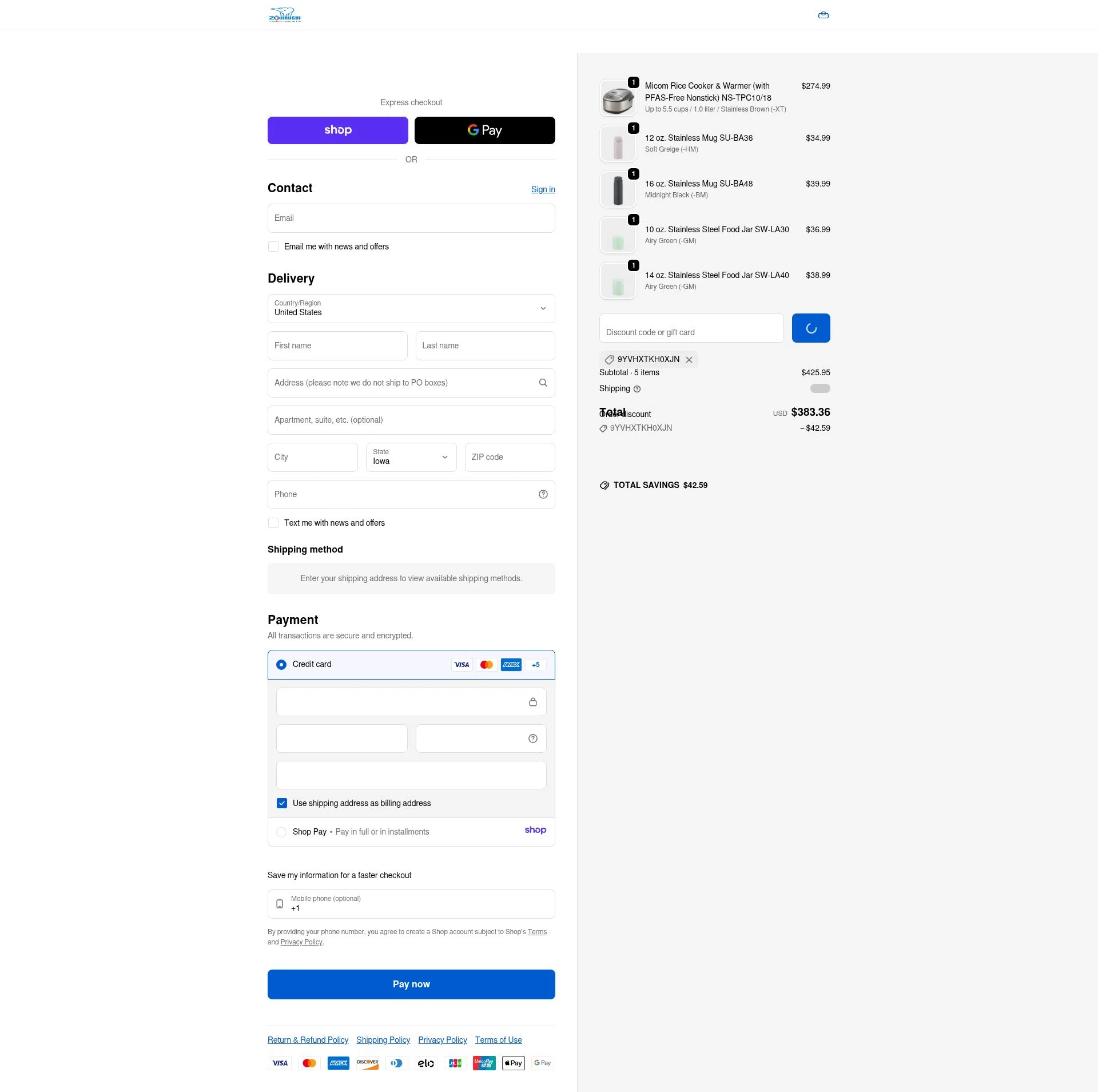 Zojirushi checkout page showing Zojirushi discount code box | Screenshot taken by SimplyCodes community member on Jan 16, 2026