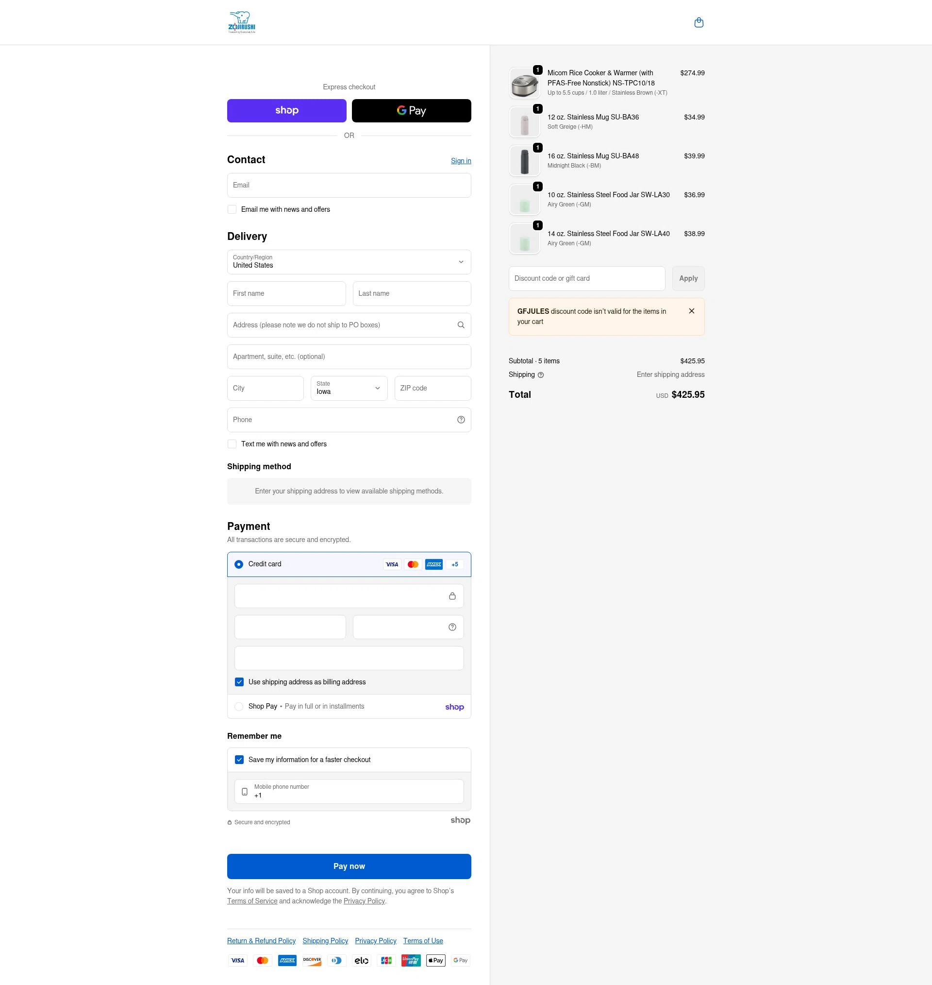 Zojirushi checkout page showing Zojirushi discount code box | Screenshot taken by SimplyCodes community member on Jan 30, 2026