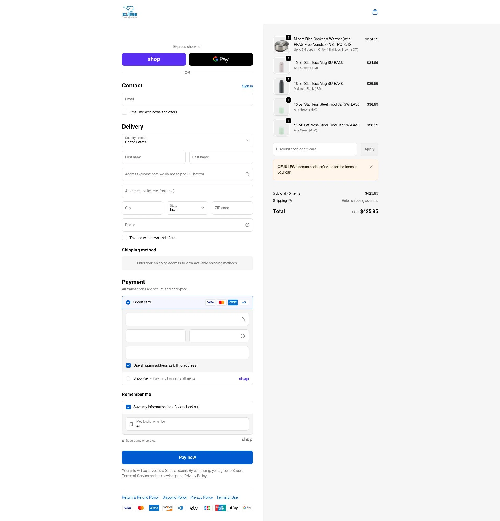 Zojirushi checkout page showing Zojirushi discount code box | Screenshot taken by SimplyCodes community member on Jan 21, 2026