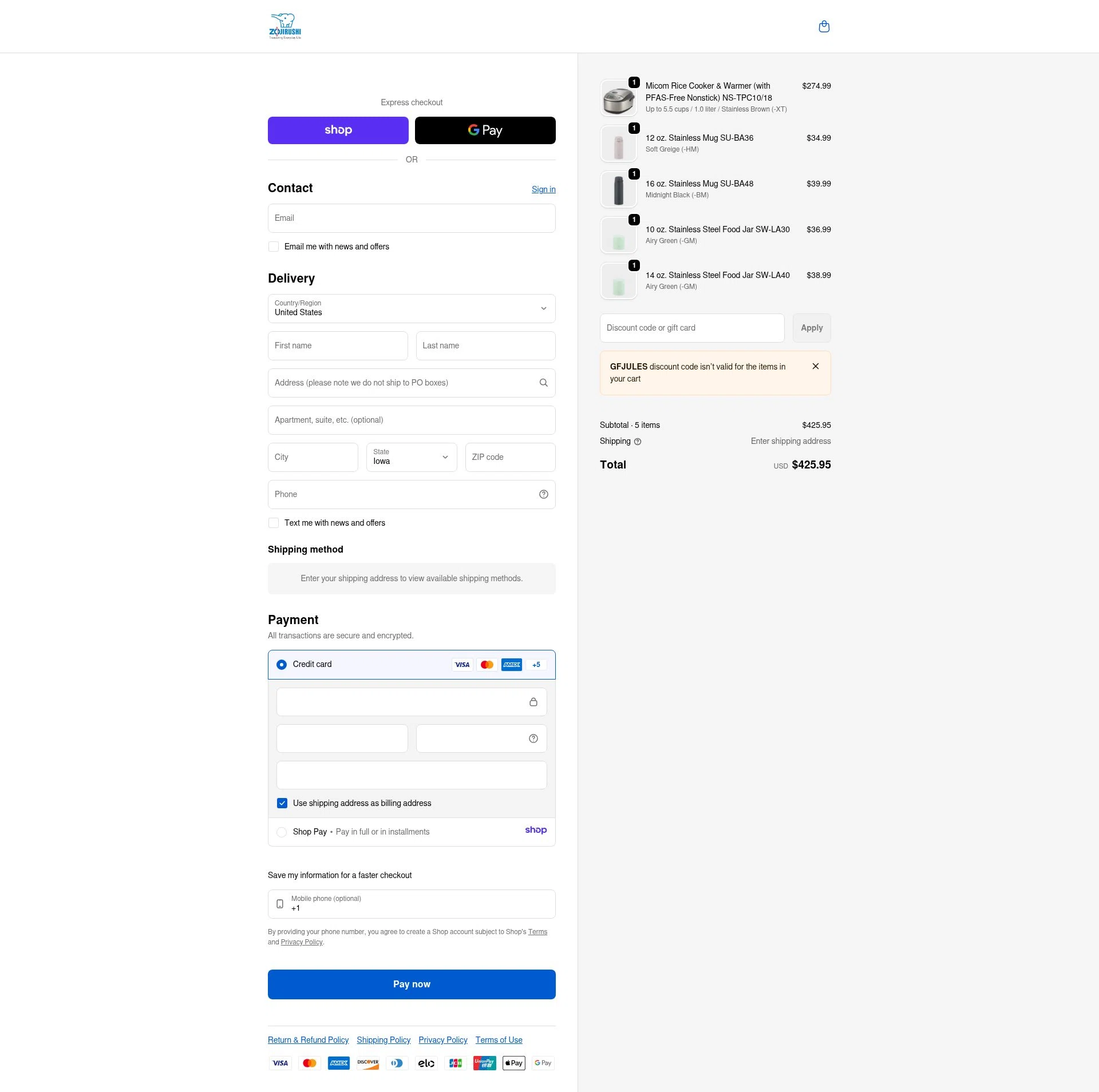 Zojirushi checkout page showing Zojirushi discount code box | Screenshot taken by SimplyCodes community member on Jan 16, 2026