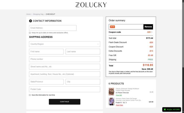 Zolucky checkout page showing Zolucky discount code box | Screenshot taken by SimplyCodes community member on Sep 12, 2025