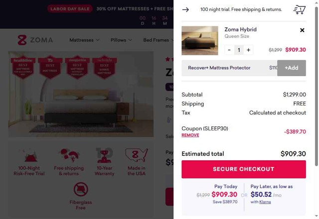 Zoma checkout page showing Zoma coupon code box | Screenshot taken by SimplyCodes community member on Sep 1, 2025