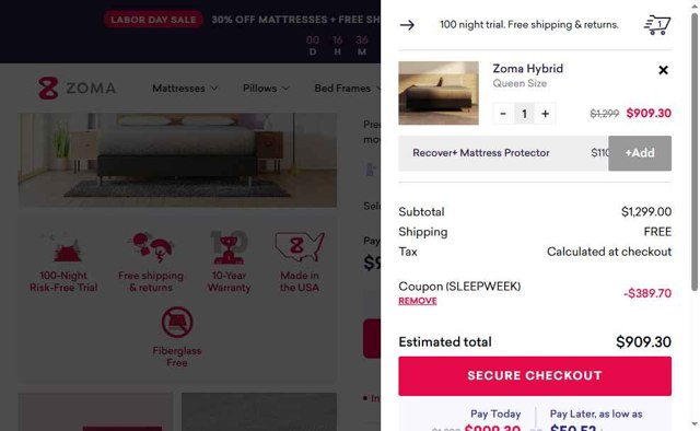 Zoma checkout page showing Zoma coupon code box | Screenshot taken by SimplyCodes community member on Sep 1, 2025