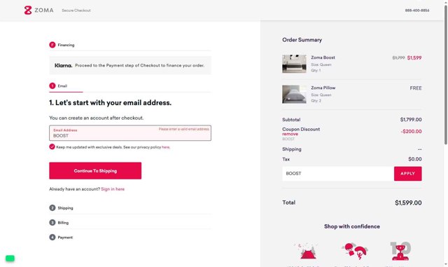 Zoma checkout page showing Zoma coupon code box | Screenshot taken by SimplyCodes community member on Aug 28, 2025