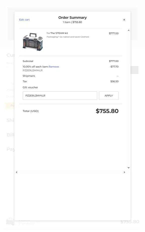 Zometool checkout page showing Zometool promo code box | Screenshot taken by SimplyCodes community member on Jul 25, 2025