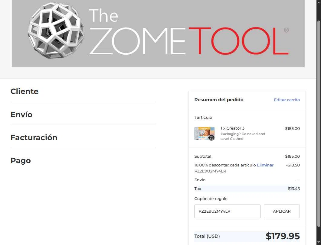 Zometool checkout page showing Zometool promo code box | Screenshot taken by SimplyCodes community member on Oct 20, 2025
