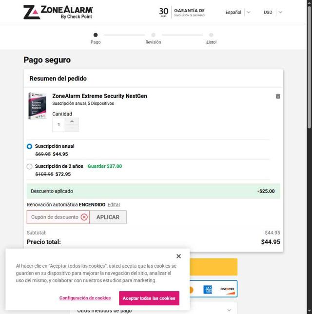 ZoneAlarm checkout page showing ZoneAlarm coupon code box | Screenshot taken by SimplyCodes community member on May 6, 2025