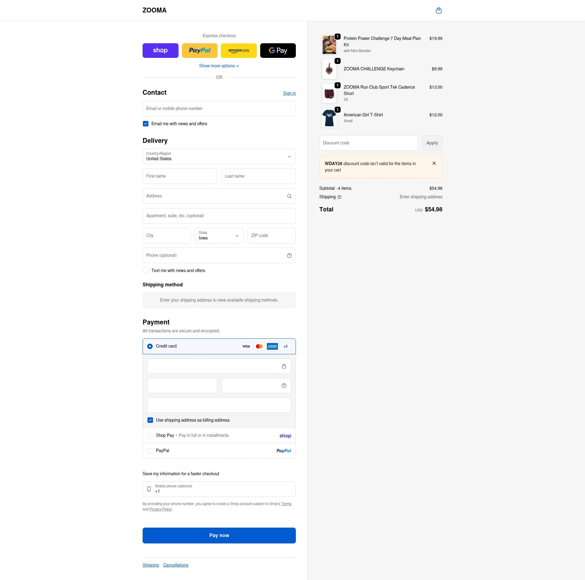 ZOOMA Women's Race Series checkout page showing ZOOMA Women's Race Series promo code box | Screenshot taken by SimplyCodes community member on Feb 13, 2026